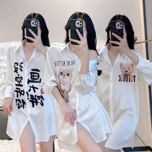 女薄款宽松睡衣夏季男友风睡裙性感长袖高级感衬衫