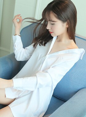 春秋欧美BF风女衬衣性感韩版百搭大码白衬衫睡衣女中长款长袖上衣