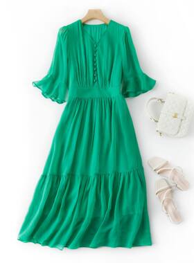 女装真丝连衣裙荷叶袖淑女气质优质桑蚕丝沙滩长裙86020