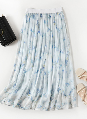 真丝花色半身裙女春夏腰显瘦a字垂感长裙桑蚕丝大摆裙81096