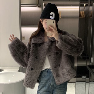 韩系托卡羊剪绒外套女皮毛一体大衣双排扣小个子方领羊羔毛皮草