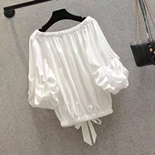 套头百搭上衣200斤 优雅气质一字肩泡泡袖 大码 显瘦胖妹妹mm雪纺衫