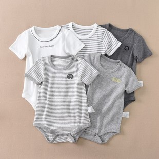 出口日本儿童包屁衣爬服弹力螺纹棉短袖三角哈衣连体爬服薄肩扣