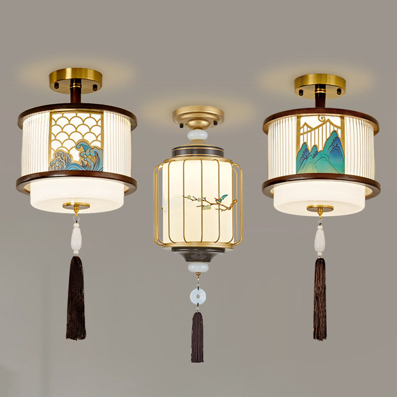 新中式实木走道灯小吸顶灯新款全铜阳台灯入户门厅走廊吊灯