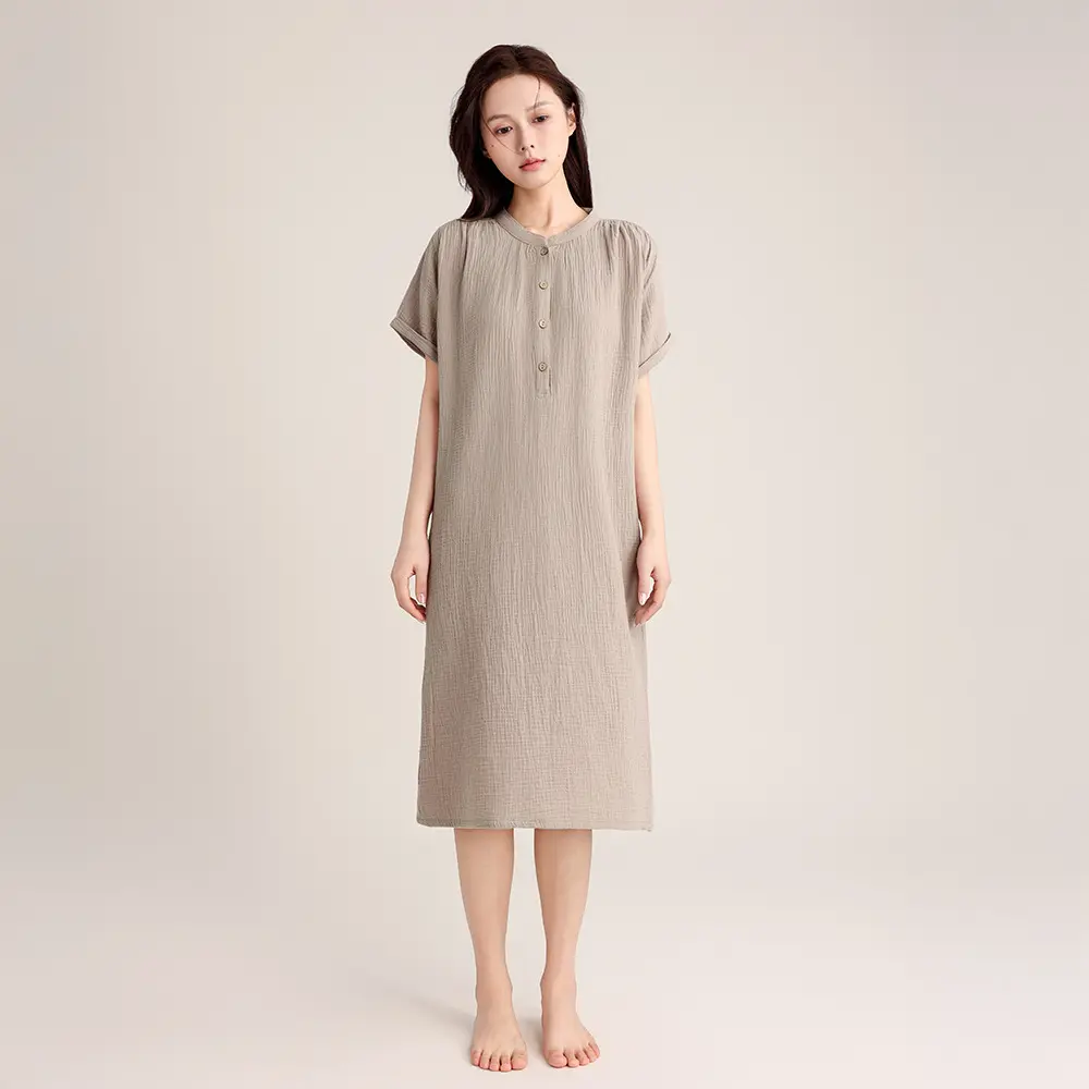 纯棉纱布短袖睡裙女春夏款双层套头全棉麻长裙连衣裙家居服云朵棉