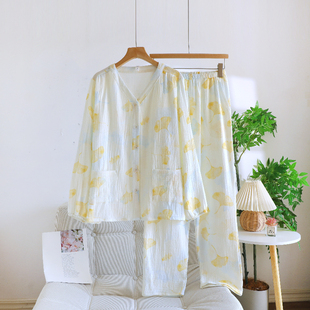 A类纯棉纱布睡衣女款长袖春秋新款夏双层无领开衫外穿中年家居服