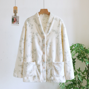 珊瑚绒睡衣上衣单件女款冬加绒毛绒加厚法兰绒开衫保暖外套家居服