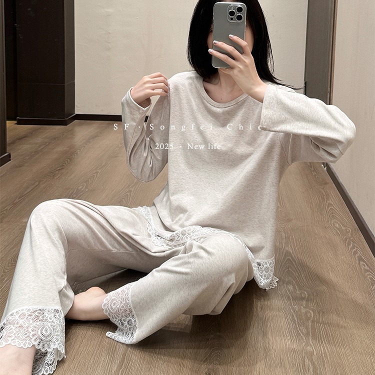 可外穿薄绒睡衣长袖女款春秋冬磨毛蕾丝花边松弛感套头家居服套装