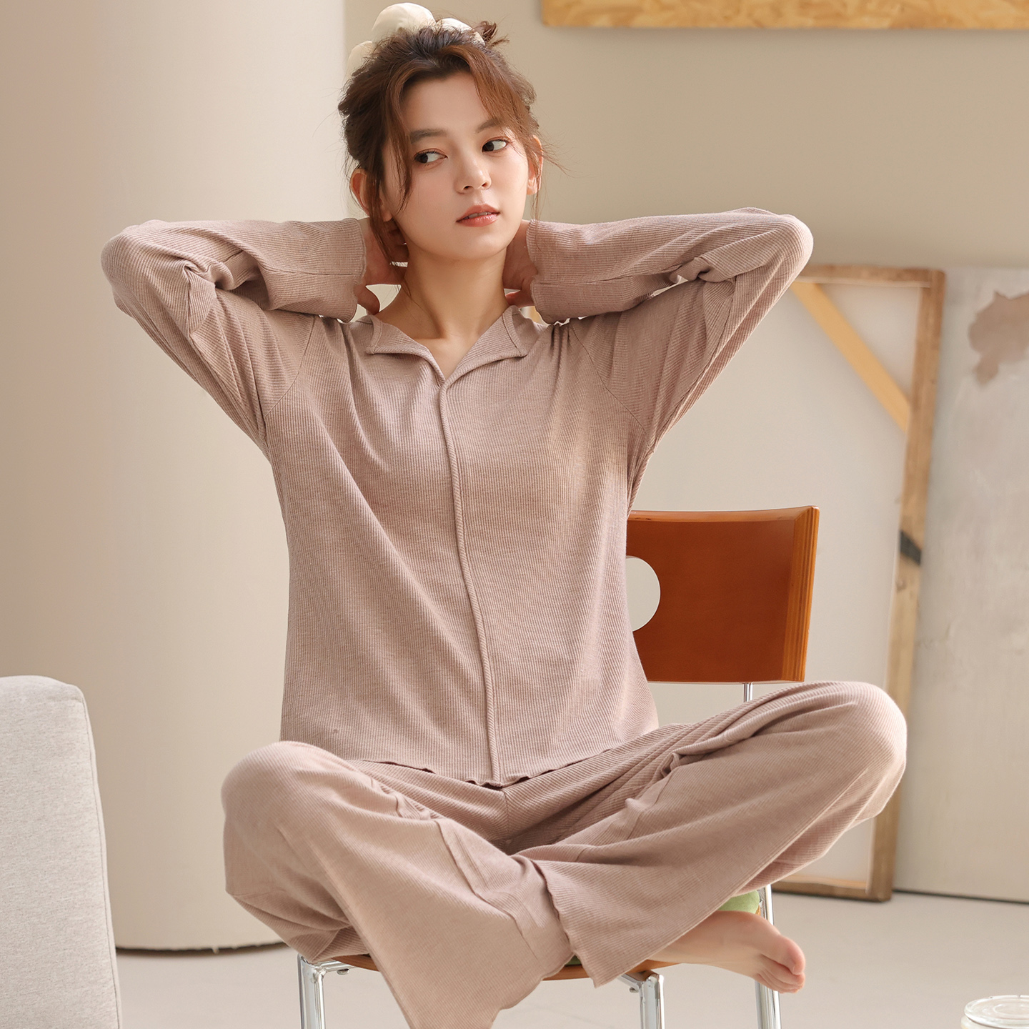 可外穿莫代尔彩棉睡衣女长袖春秋休闲宽松纯色高级大码中年家居服