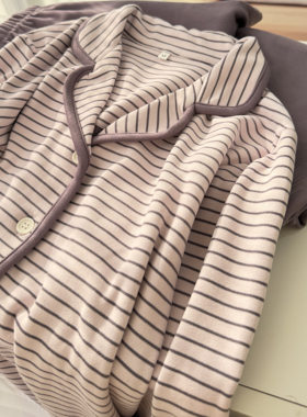 软糯薄绒德绒睡衣女秋冬双面磨毛保暖条纹海岛绒加厚暖气房家居服