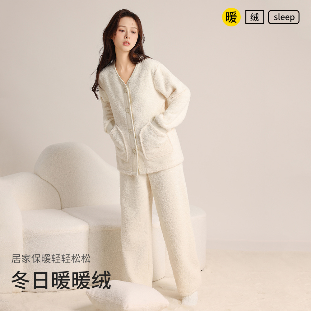 女士珊瑚绒套装加绒加厚保暖睡衣