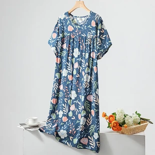 人棉连衣裙 碎花宽松人造棉睡衣大码 超柔凉感棉绸睡裙女夏薄款 短袖