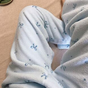 2025冬季雪粒绒加厚保暖松紧腰蝴蝶结可爱宽松睡裤居家裤子可外穿