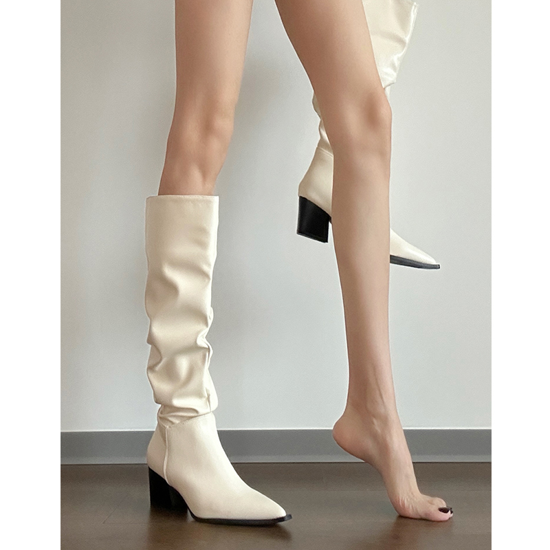 牛皮版！白色骑士靴法式