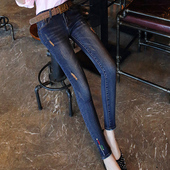 韩版 矮个子 小个子开衩弹力牛子裤 破洞小脚刺绣九分牛仔裤 女春秋款