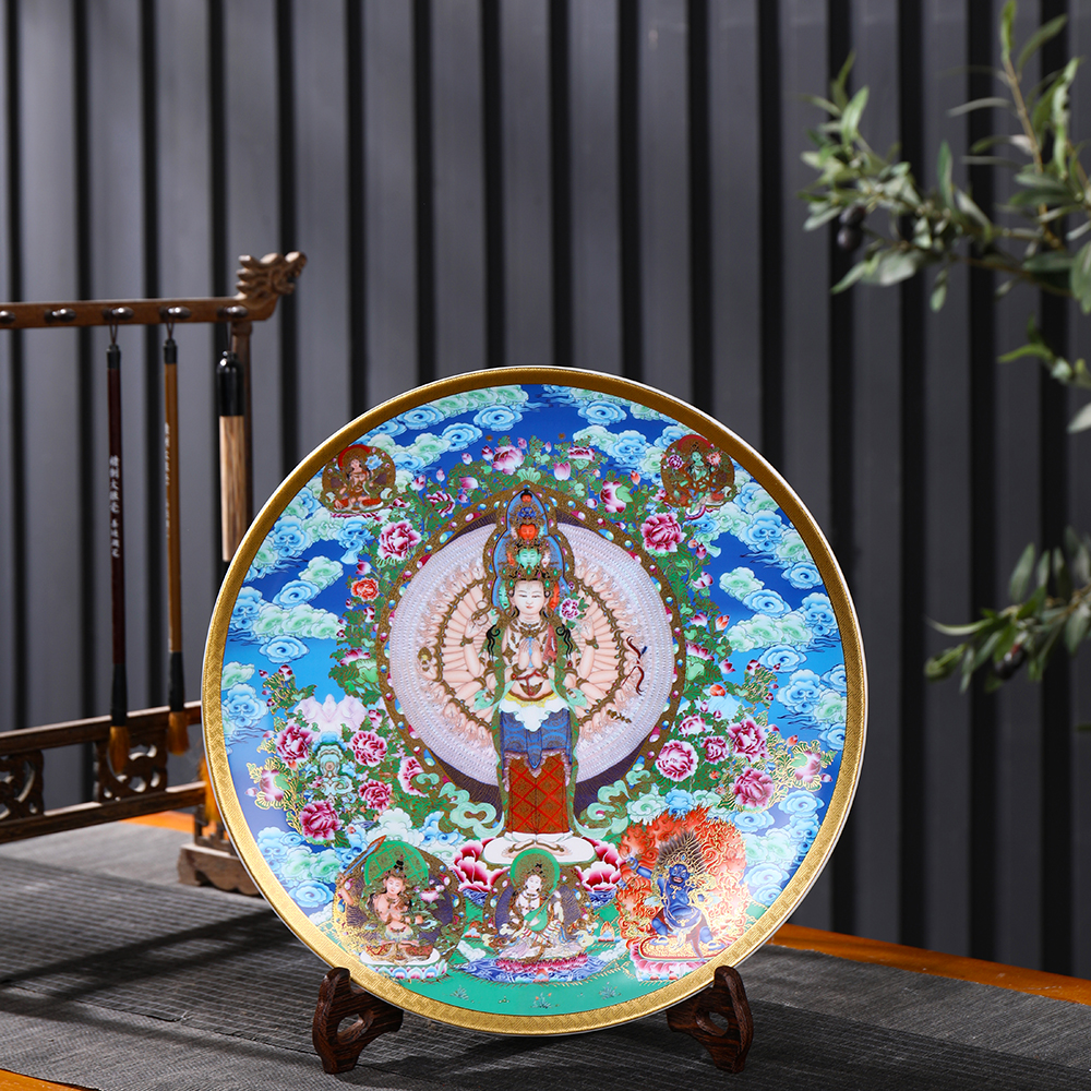 景德鎮陶瓷唐卡擺盤賞盤四臂度母