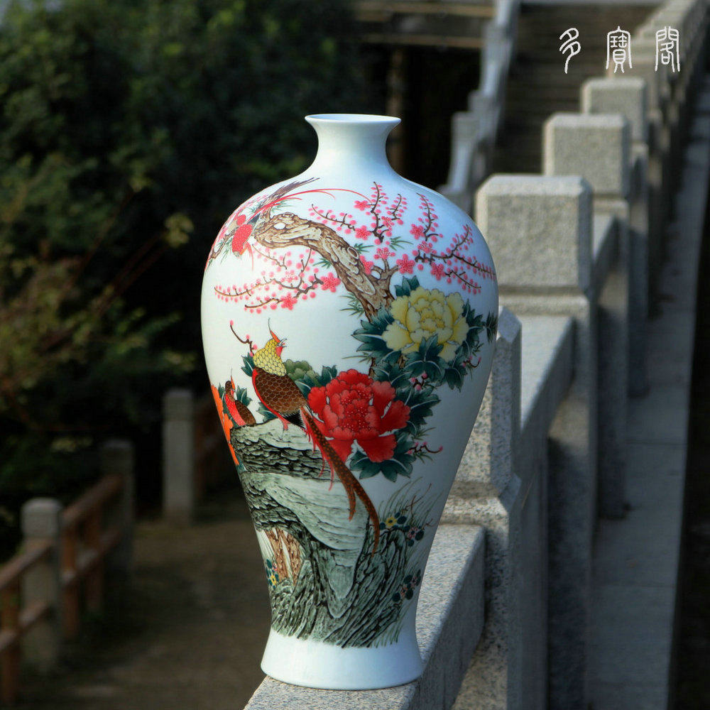 景德镇陶瓷器全手绘毛瓷7501锦上添花梅瓶客厅书房花瓶摆件