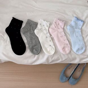 长袜 木耳边波点堆堆袜子女中筒袜ins潮纯棉春秋日系芭蕾风夏季