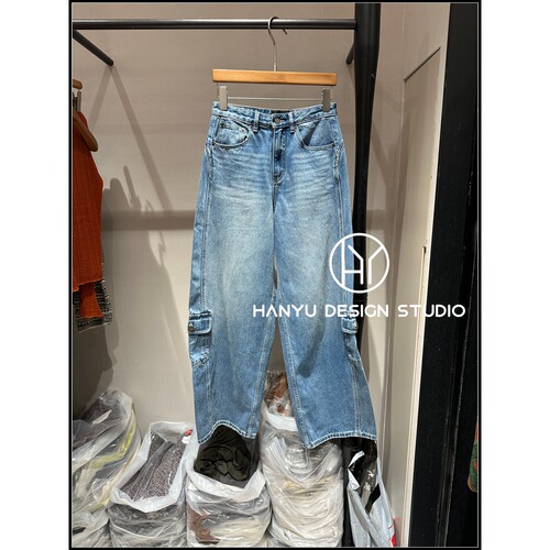 韩钰设计感工装高腰阔腿牛仔裤