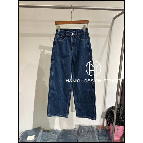 韩式休闲100%棉高腰直筒牛仔裤