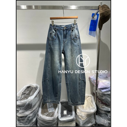 韩钰100%棉高腰弯刀牛仔裤女