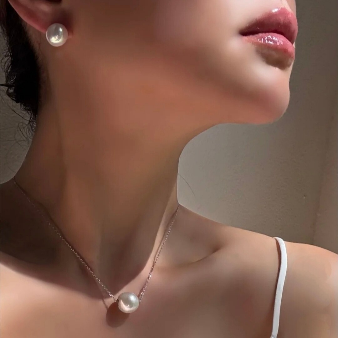 14-15mm18K金路路通+银耳钉套链淡水珍珠项链锁骨链女轻奢礼物