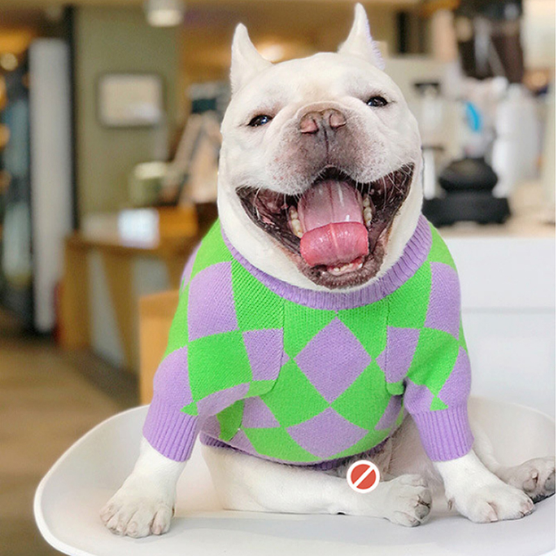 法斗衣服狗冬款宠物紫色菱形毛衣