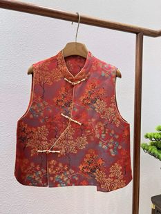 新中式国风桑蚕丝交织宋锦立领盘扣红色年服马甲背心上衣女2025新