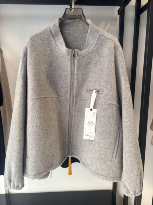 高端双面羊毛毛呢外套女短款拉链法式灰色大衣2025冬新款卫衣款