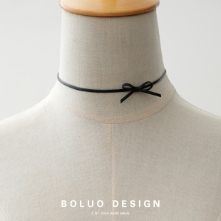 菠萝手作 极窄黑色pu皮蝴蝶结choker简约百搭甜酷辣妹锁骨链颈链