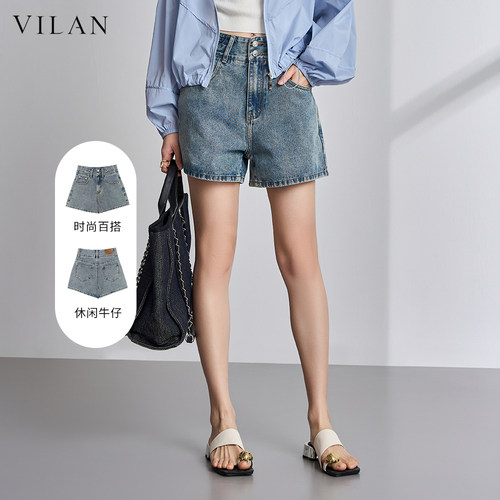 vilan/慧兰高腰牛仔阔腿短裤女