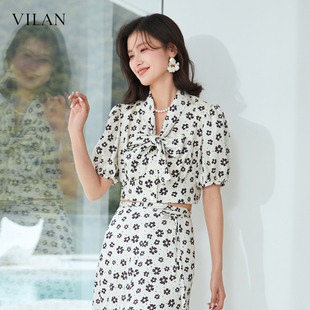女夏季 vilan 慧兰法式 碎花雪纺衫 v领气质显瘦收腰上衣服 新款