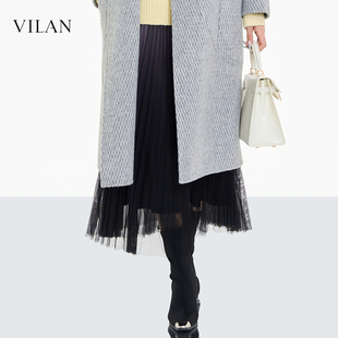 中长款 气质A字长裙 慧兰时髦百褶裙女高腰网纱裙子2025新款 vilan