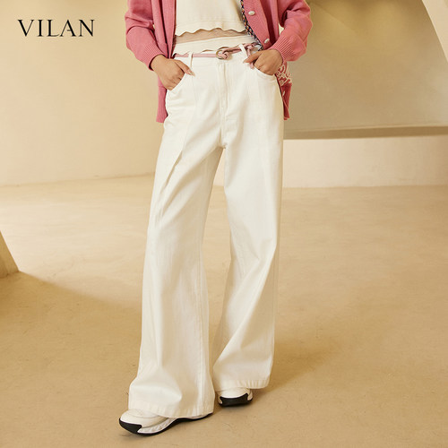 VILAN慧兰白色高腰直筒牛仔裤女