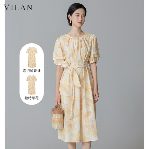 vilan/慧兰连衣裙女2025夏季新款气质优雅短袖印花中长款A字裙