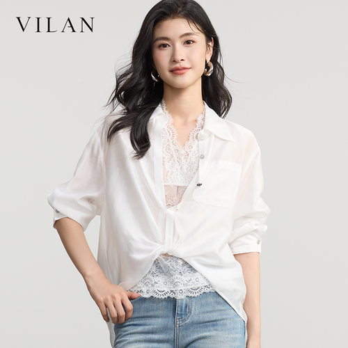 vilan慧兰白色宽松衬衫女翻领薄款休闲通勤慵懒风叠穿长袖衬衣