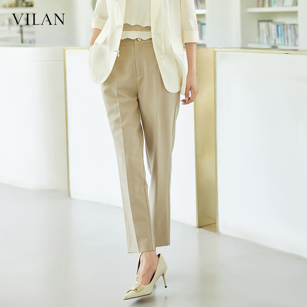 vilan/慧兰休闲裤女秋季新款时尚通勤高腰显瘦直筒西装九分裤
