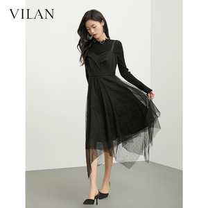 vilan/慧兰连衣裙女气质春新款时尚通勤中长款黑色网纱吊带A字裙