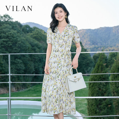 vilan 慧兰通勤连衣裙女夏 V 领裹身收腰显瘦气质碎花系带长裙