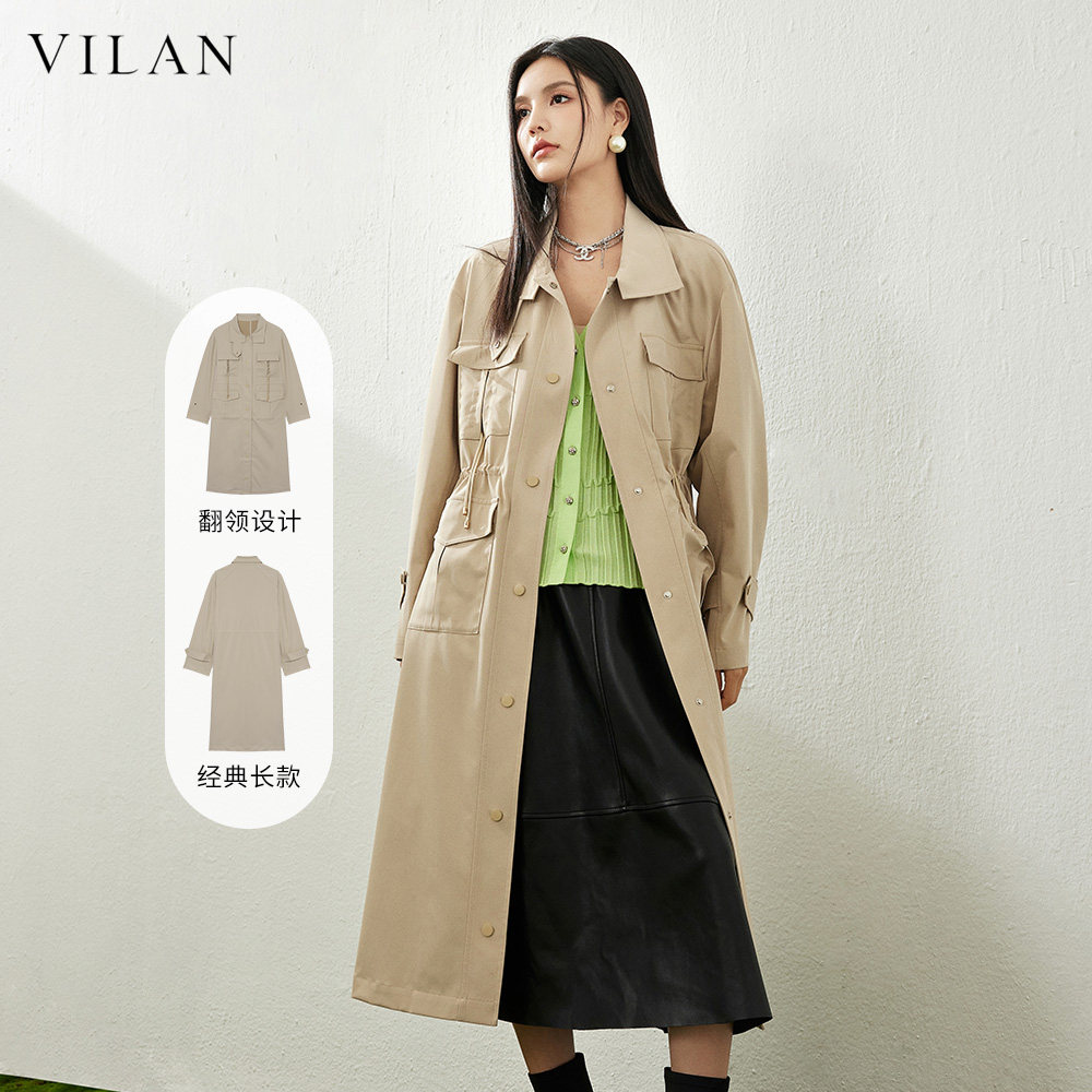 vilan/慧兰中长款风衣外套女翻领工装多口袋上衣2026春秋新款女装