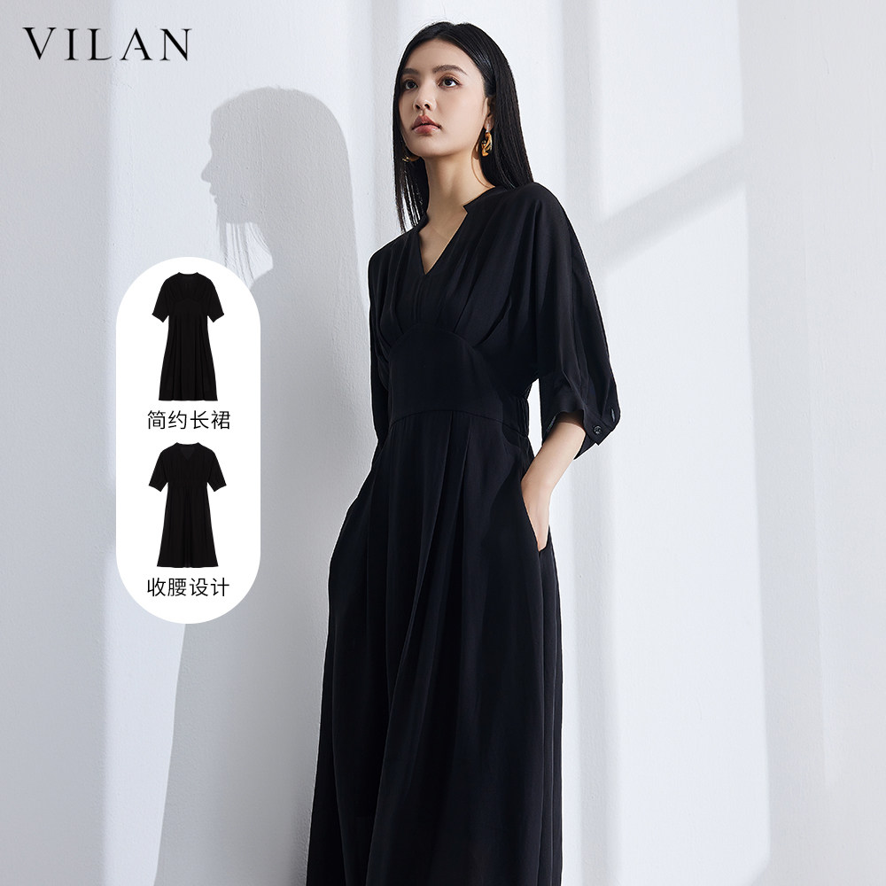 vilan/慧兰连衣裙女2025夏季新款时尚通勤高腰显瘦中长款短袖裙子