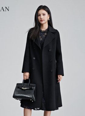 vilan/慧兰黑色羊绒大衣女双面毛呢外套2025加厚长款翻领呢子大衣
