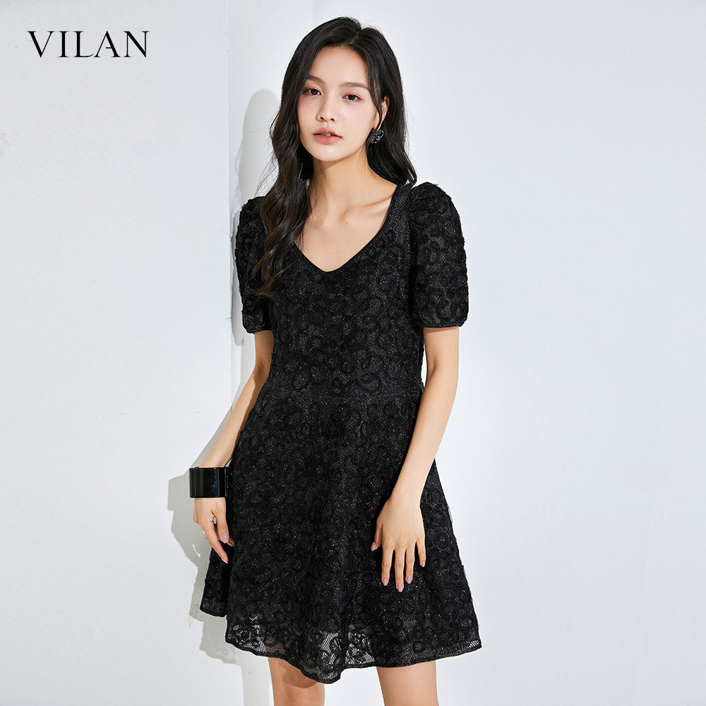 vilan/慧兰连衣裙新款女夏季女装高端精致法式黑色泡泡短袖