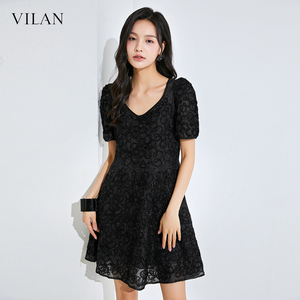 vilan/慧兰连衣裙新款女夏季女装高端精致法式黑色泡泡短袖