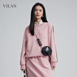 圆领条纹套头长袖 上衣服 慧兰设计感卫衣外套女圆领早秋新款 vilan