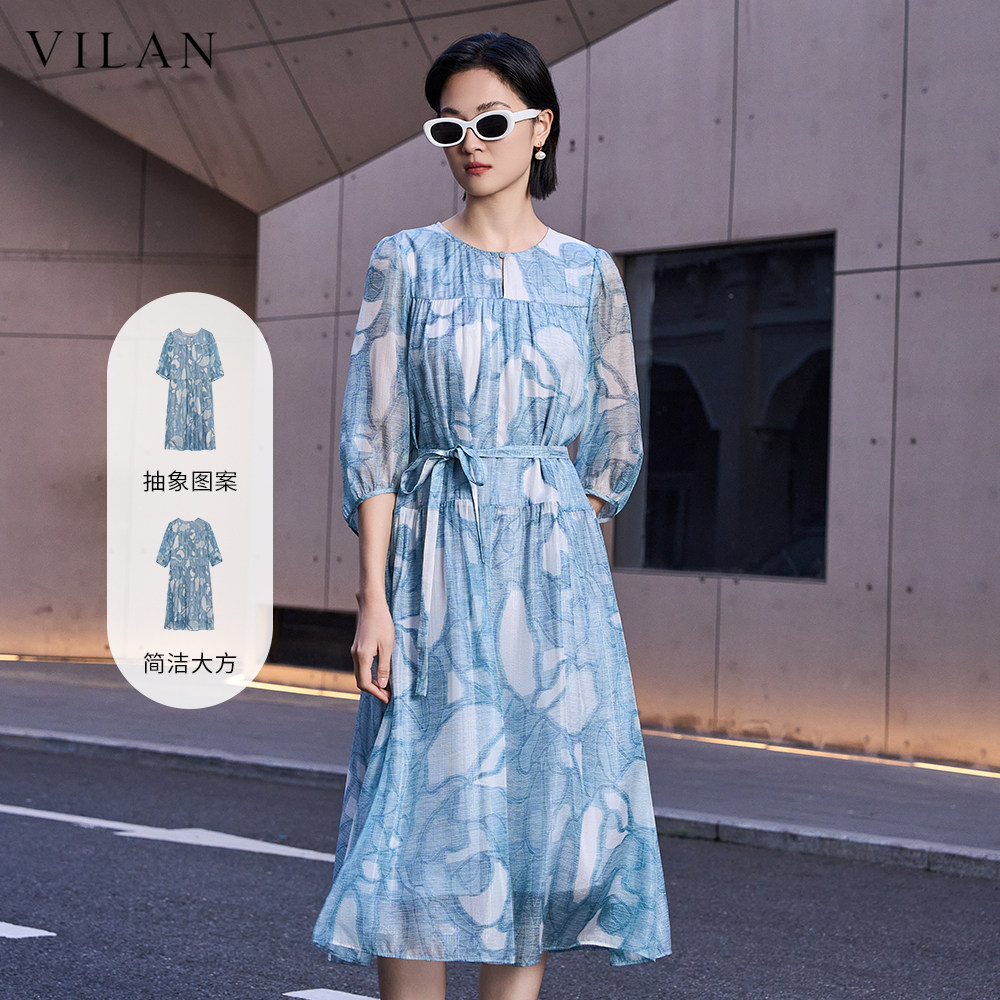 vilan/慧兰连衣裙女2025夏季新款印花v领优雅短袖桑蚕丝中长裙子