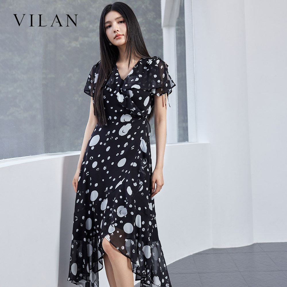 vilan慧兰职场风连衣裙女夏 V 领荷叶边收腰显瘦气质波点不规则裙