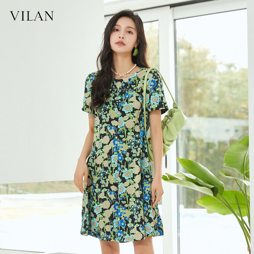 慧兰绿色碎花连衣裙女2025新款