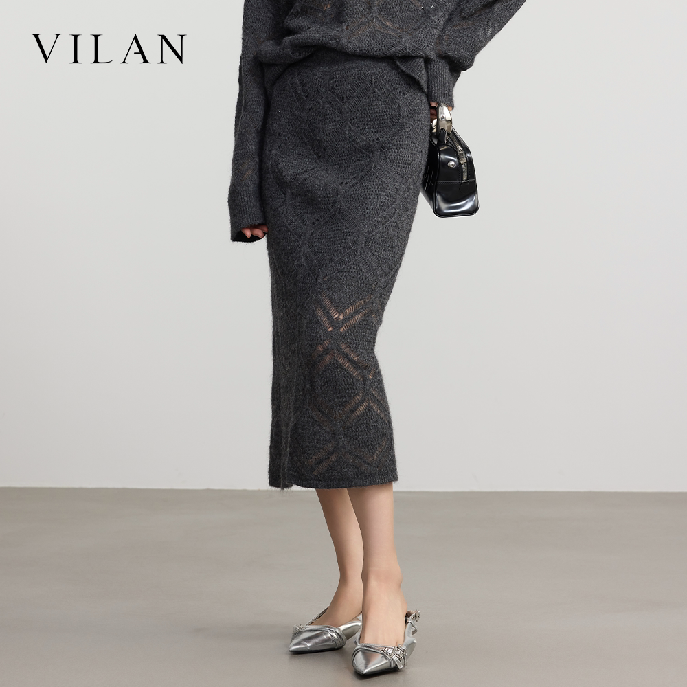 vilan 镂空针织半身裙女秋季新款菱格提花高腰修身包臀中长鱼尾裙