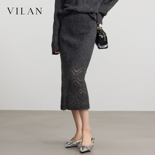 vilan 镂空针织半身裙女秋季新款菱格提花高腰修身包臀中长鱼尾裙